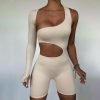Summer Autumn Women Sexy Fitness Jumpsuit One Shoulder Skinny Bodycon Solid Sport Romper Playsuit