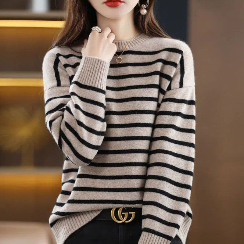 Lazy Style Autumn Winter Striped Sweaters Pullovers Vintage Loose Long Sleeve O-Neck Casual Fashion Woman Knitted Jumpers