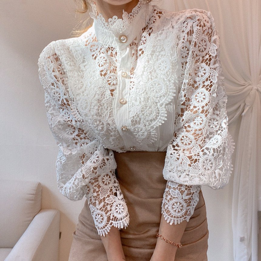 Women-Stand-Collar-Lace-Patchwork-Shirts-Casual-Hollow-Out-Flower-Petal-Sleeve-Buttonw-Tops-white-shirts-2