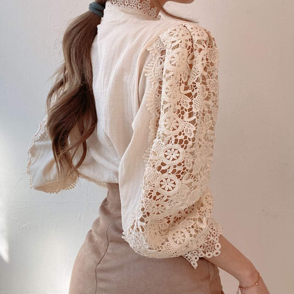 Women-Stand-Collar-Lace-Patchwork-Shirts-Casual-Hollow-Out-Flower-Petal-Sleeve-Buttonw-Tops-white-shirts-3