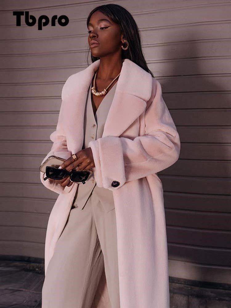 Women's Imitation Rabbit Fur Coats Fashion Elegant High Waist Lace Up Adjustable Lapel OverCoat  Winter Thick Warm Overcoat